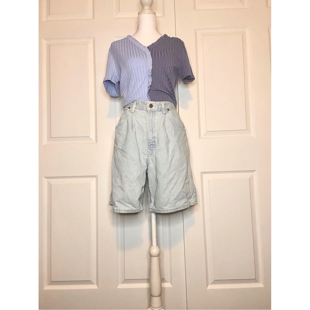Y2K Mi Ami Womens Colorblock Ribbed Ruffle V Neck Baby Tee Purple Lavender Large